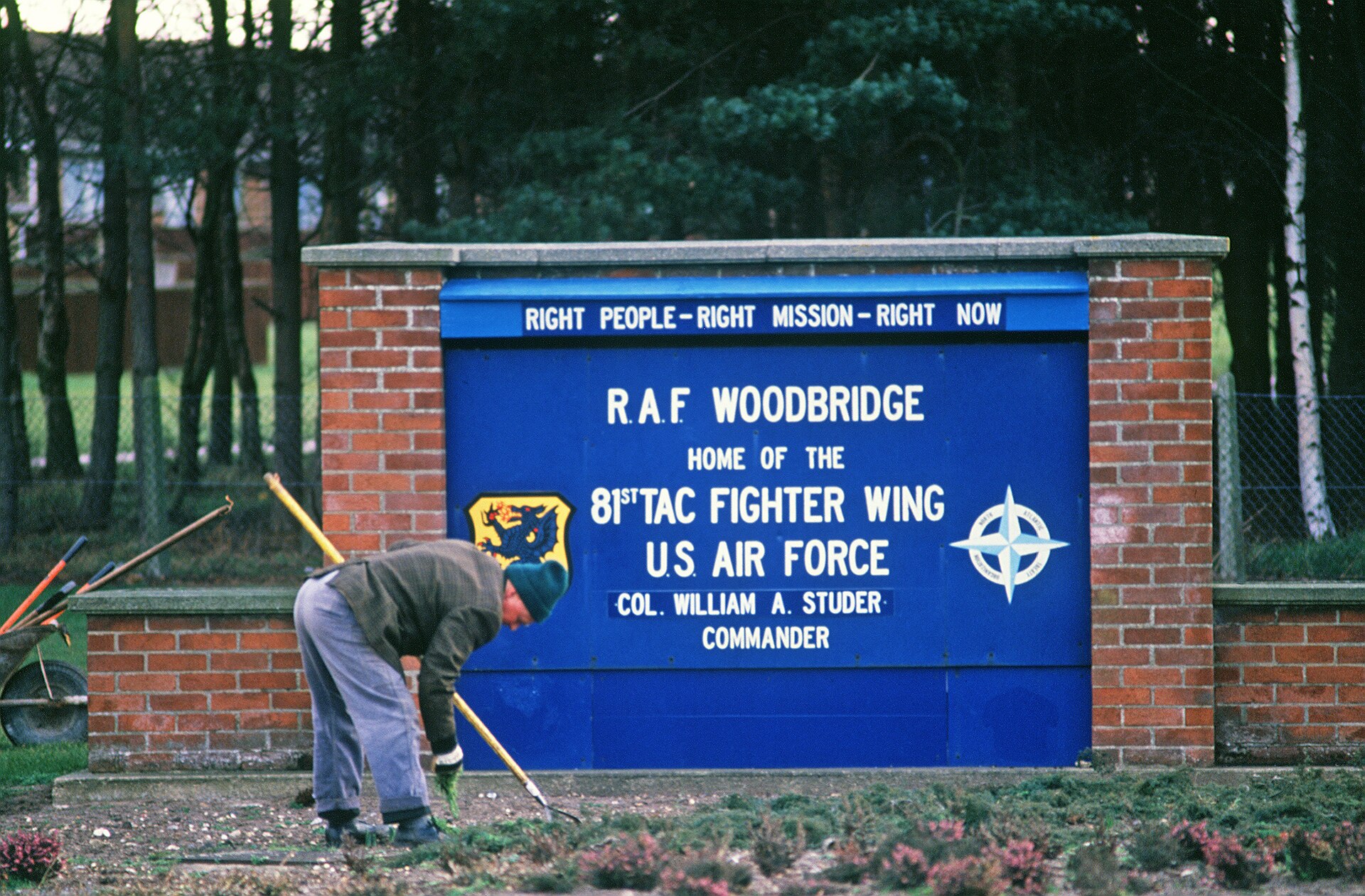 RAF Woodbridge entrance sign, March 1987